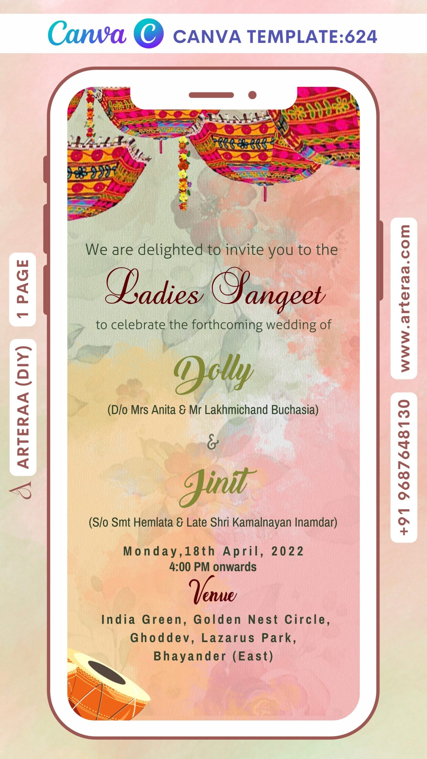 Sangeet Sandhya invitation Canva Editable video Template in English language with umbrella, drums as aesthetic theme design 624