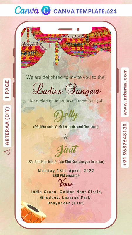 Sangeet Sandhya invitation Canva Editable video Template in English language with umbrella, drums as aesthetic theme design 624