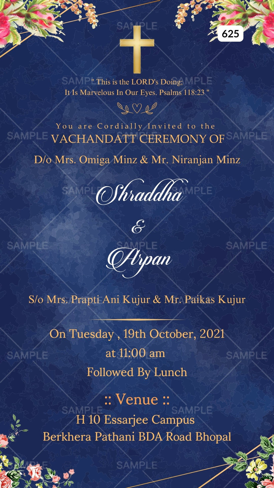 Vachandatt Ceremony invitation card Canva Editable Template in english language with flowers, leaves as floral theme design 625