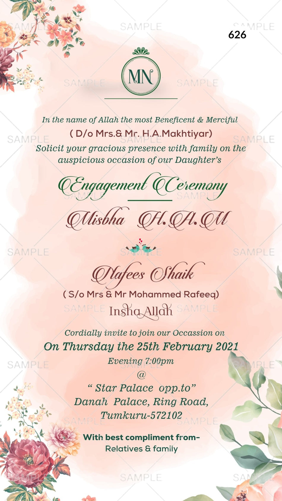 Engagement ceremony invitation card Canva Editable Template in english language with birds, leaves as floral theme design 626