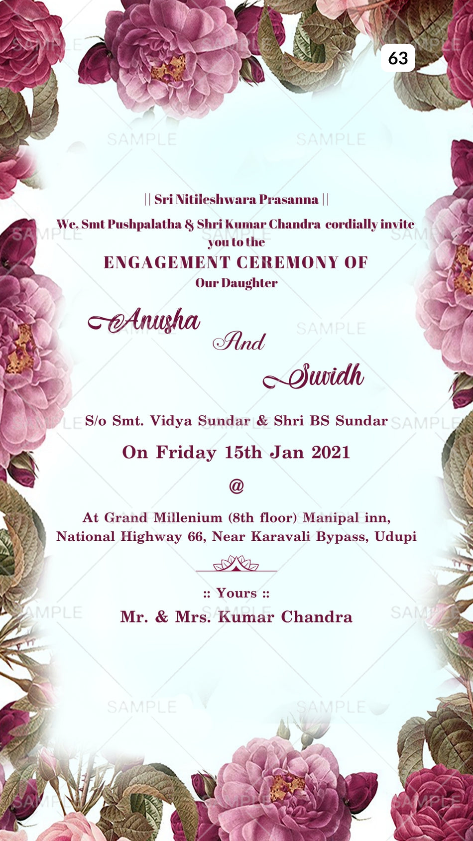 Engagement ceremony invitation card Canva Editable Template in english language with green leaves as floral theme design 63