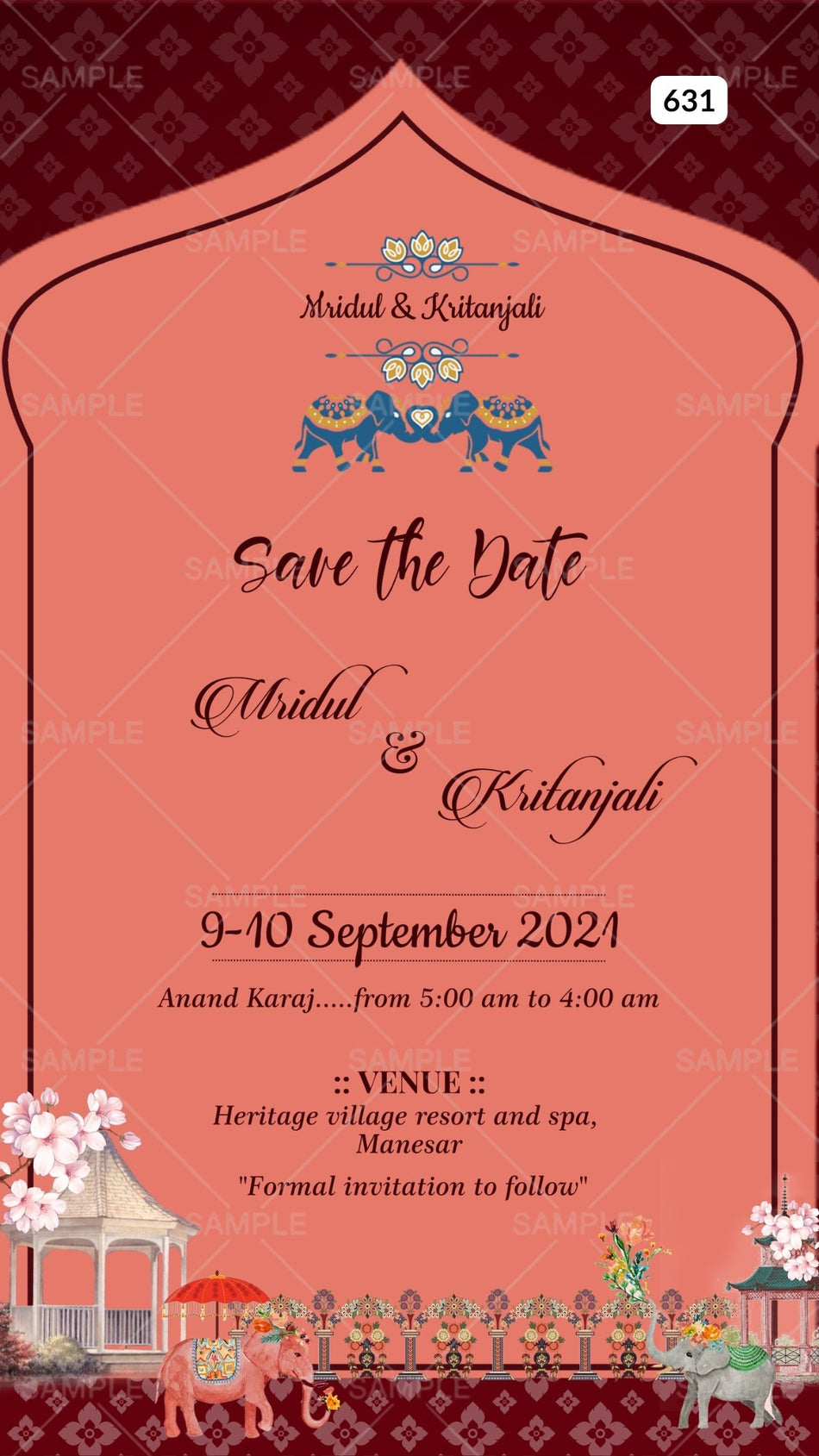 Save the Date card Canva Editable Template in english language with flowers as Arch frame theme design 631