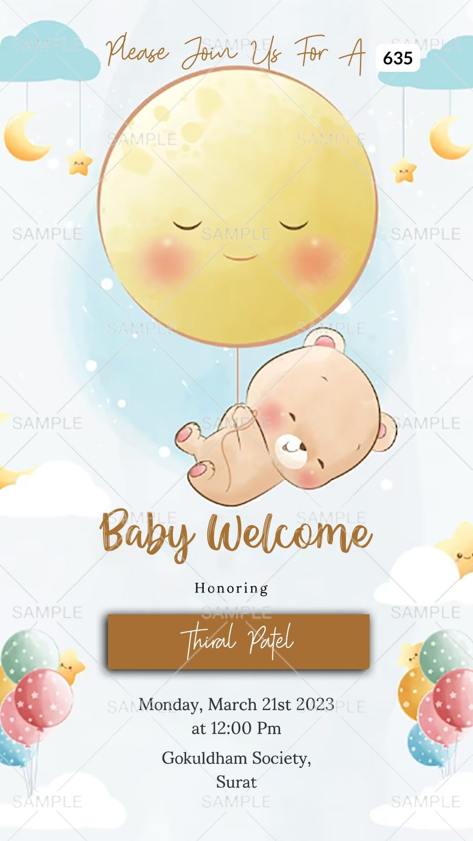 Baby welcome party invitation card Canva Editable Template in english language with playful theme design 635