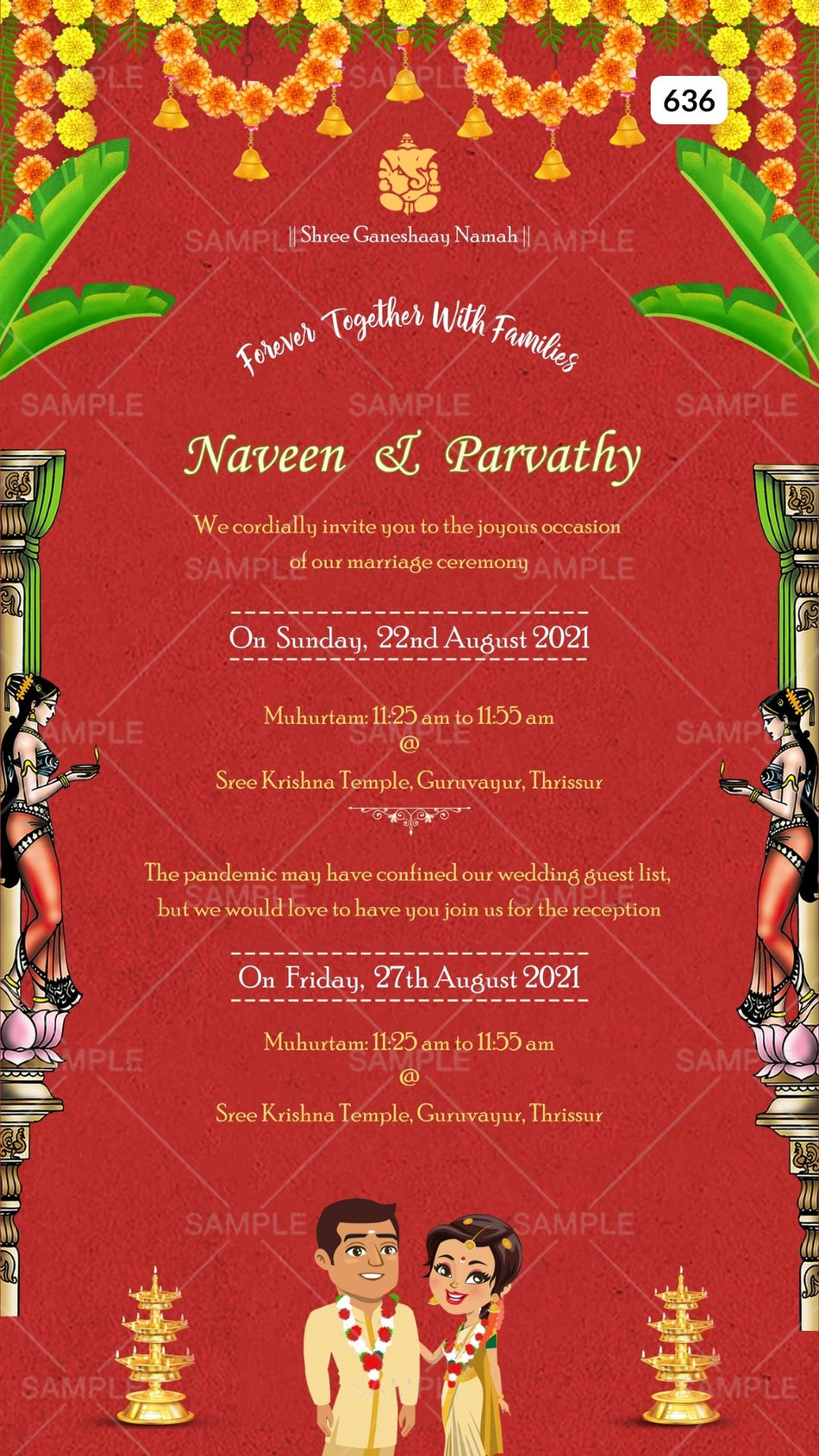 Wedding ceremony invitation card Canva Editable Template of hindu south indian malayali family in english language with Traditional theme design 636