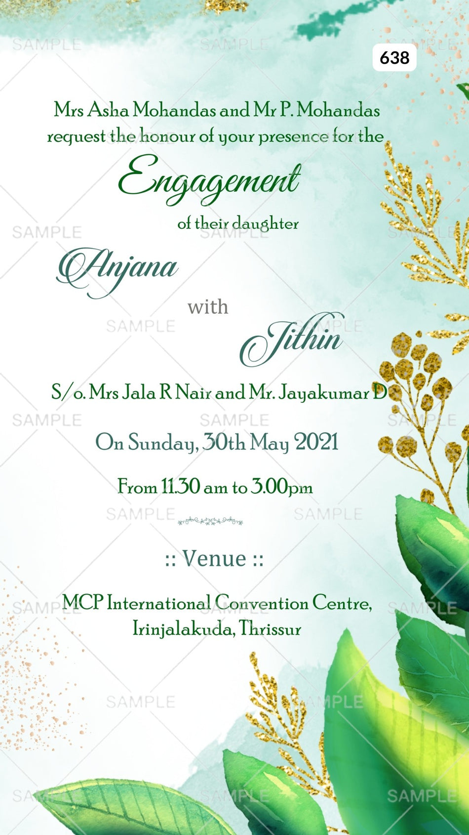 Engagement ceremony invitation card Canva Editable Template in english language with levaes as glittery theme design 638