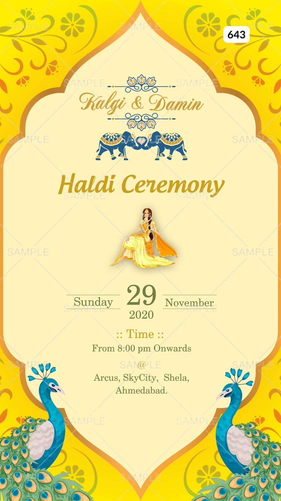 Haldi ceremony invitation card Canva Editable Template in english language with peacock, elephant as traditional theme design 643