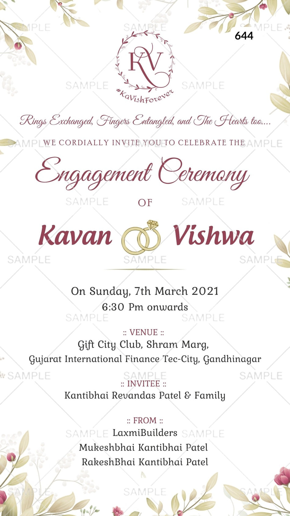 Engagement ceremony invitation card Canva Editable Template in english language with flowers as artistic leaves theme design 644