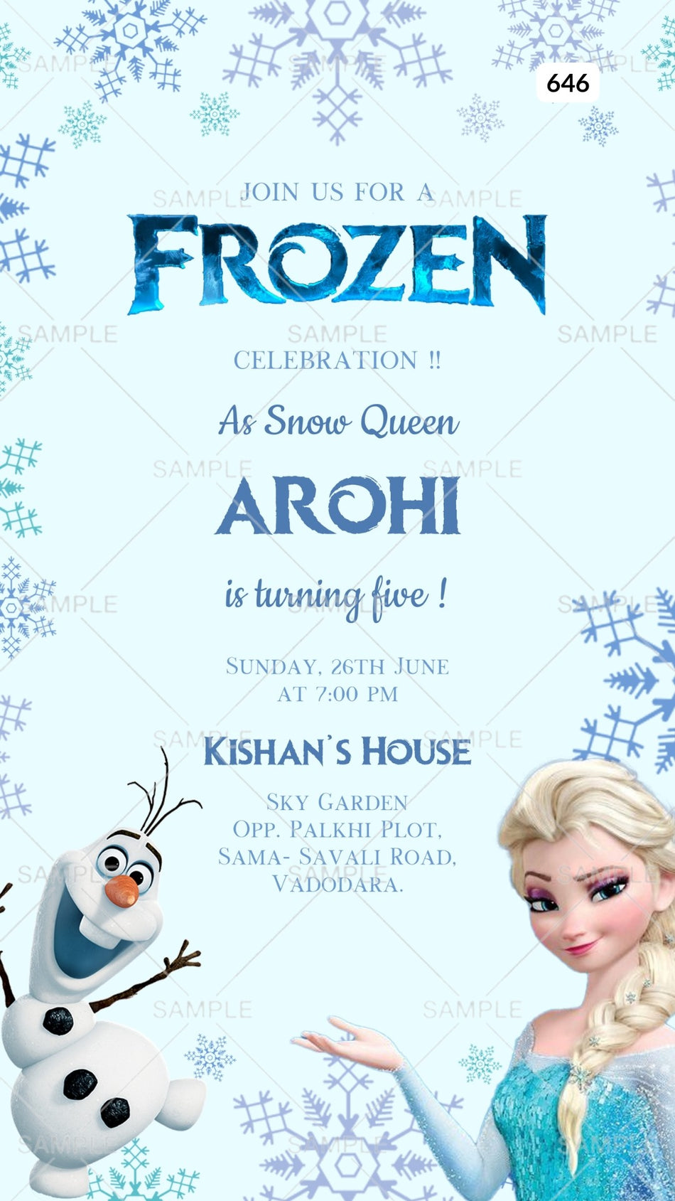 Birthday party invitation card Canva Editable Template in English language with frozen theme design 646