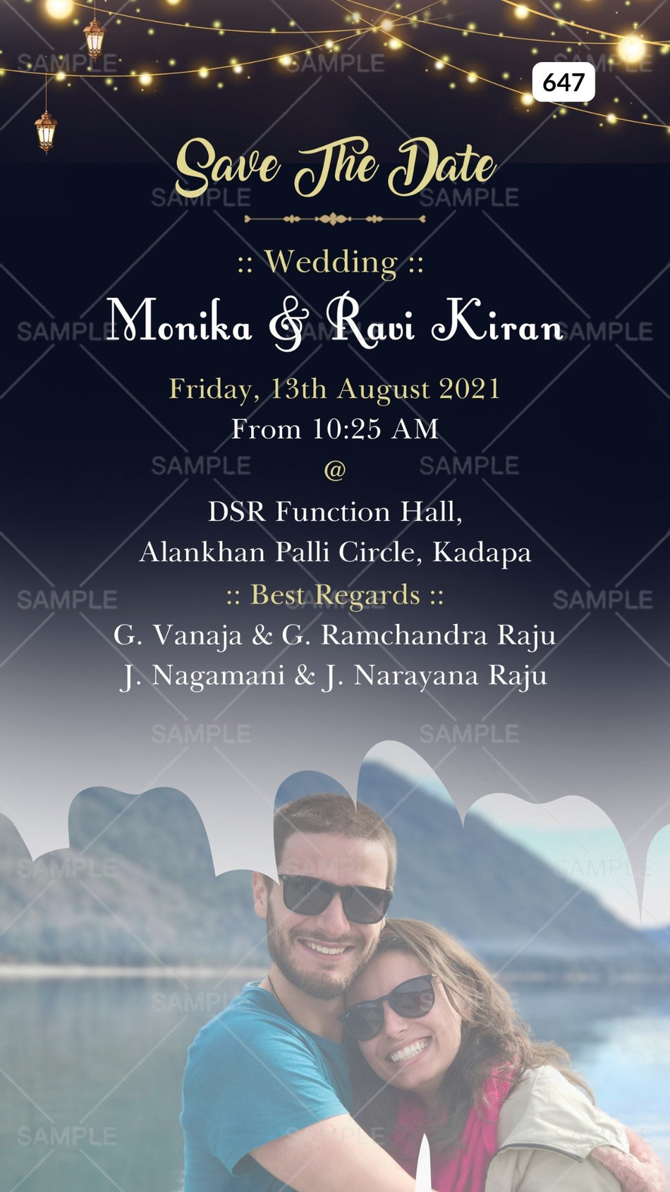 Wedding ceremony invitation card Canva Editable Template of hindu south indian telugu family in english language with couple photo theme design 647