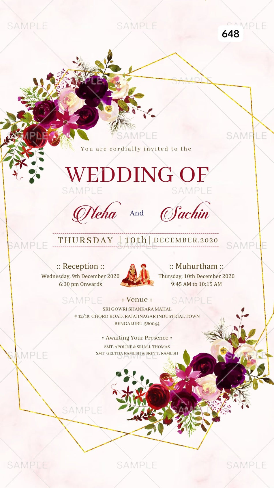 Wedding ceremony invitation card Canva Editable Template of hindu south indian kannada family in english language with Minimalistic theme design 648