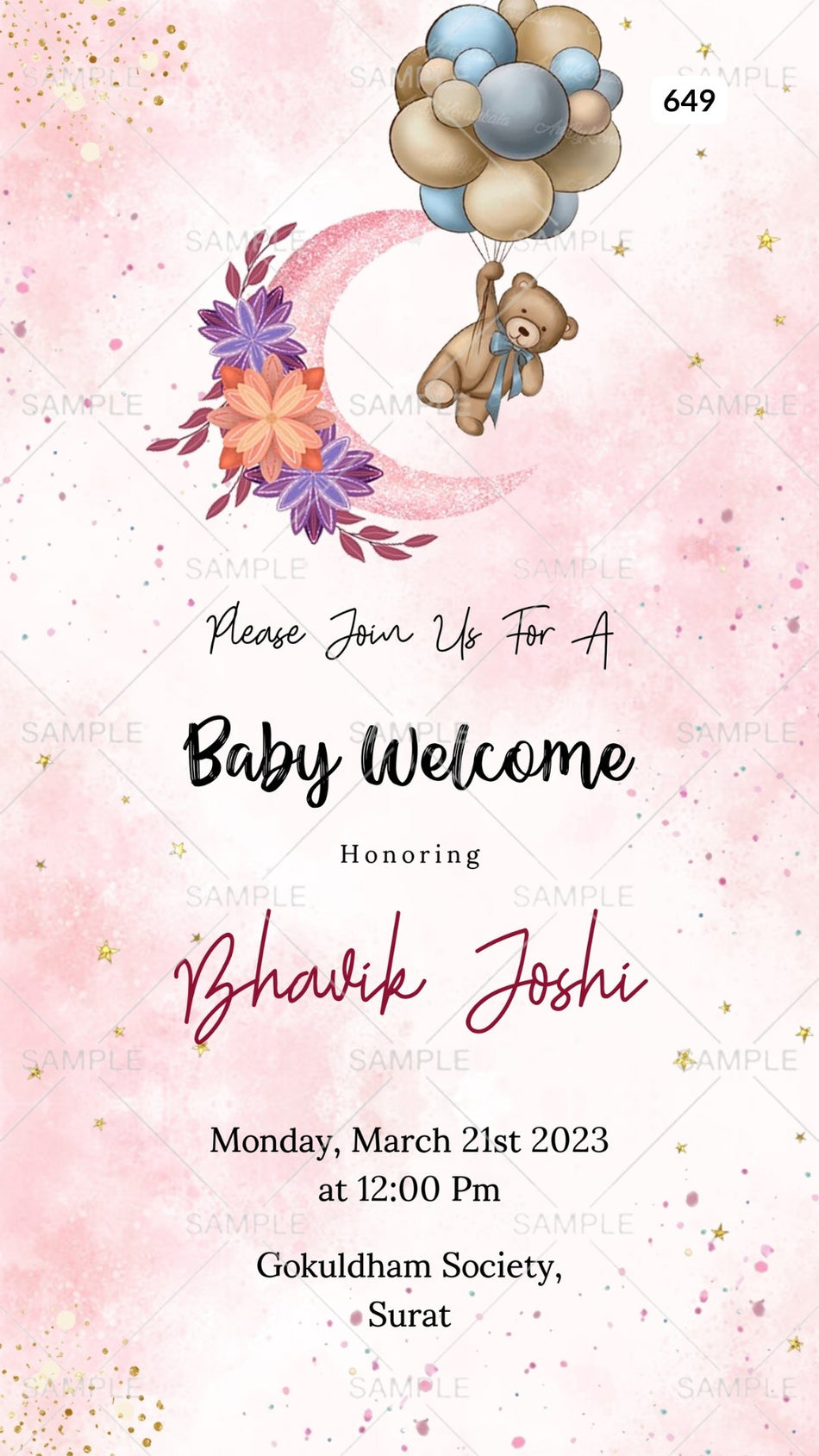 Digital Baby Welcome Ceremony Invitation Of Gujarati Family In the English Language With Pastel Theme Canva Editable Template Design no - 649
