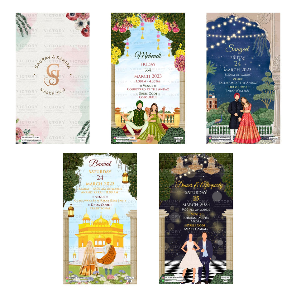 Editable Golden Gurdwara & Starry Night Punjabi Wedding Invitation PSD Template Bundle A 3435