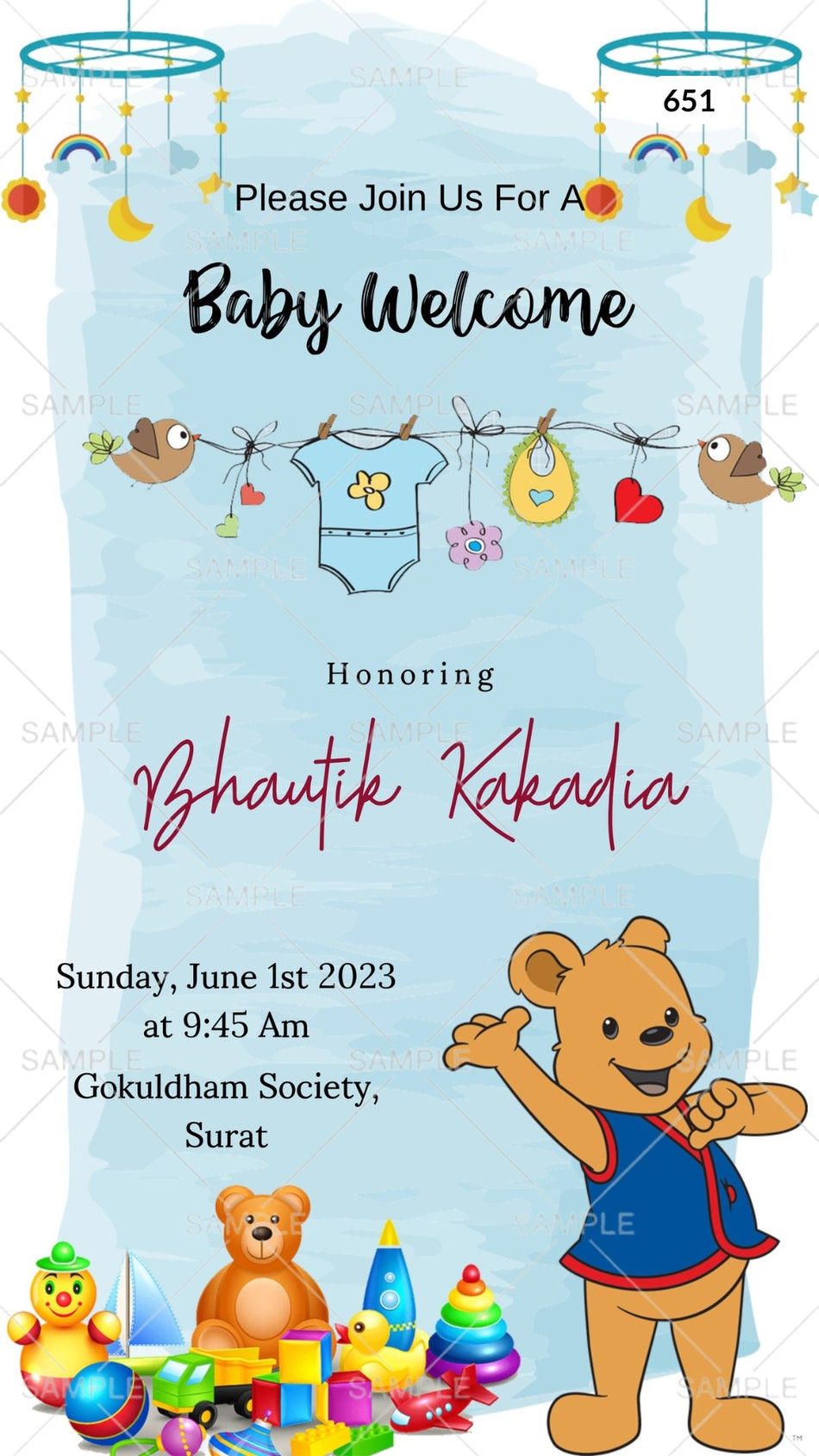 Baby welcome party invitation card Canva Editable Template in english language with playful theme design 651