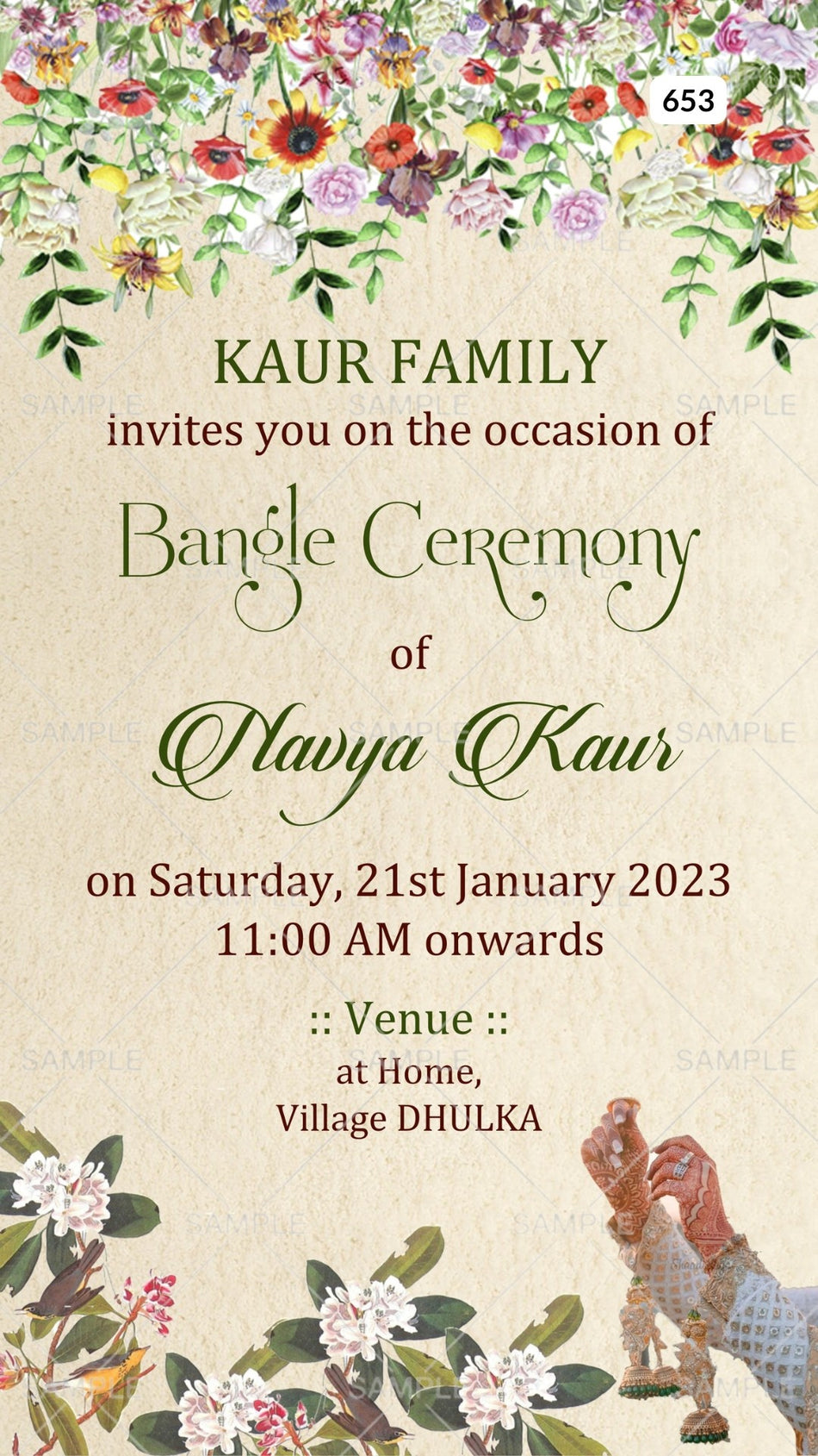 Choora ceremony invitation card Canva Editable Template in english language with flowers as floral theme design 653