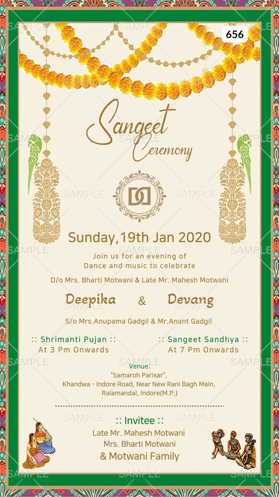 Sangeet Sandhya Ceremony invitation card Canva Editable Template in english language with marigold garland, couple logo as vintage theme design 656