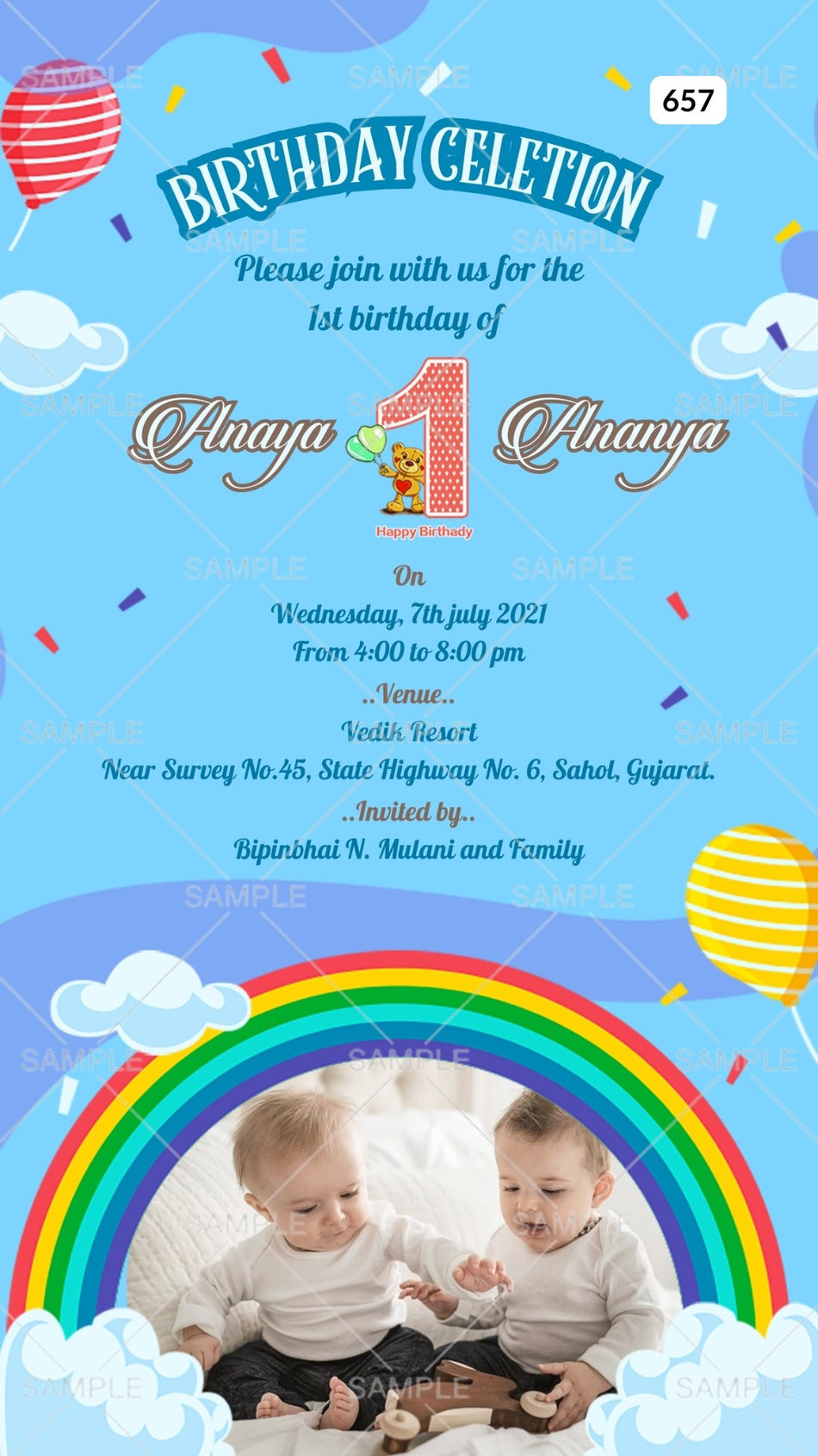 Birthday party invitation card Canva Editable Template for girl in english language with cloud, balloons as rainbow theme design 657