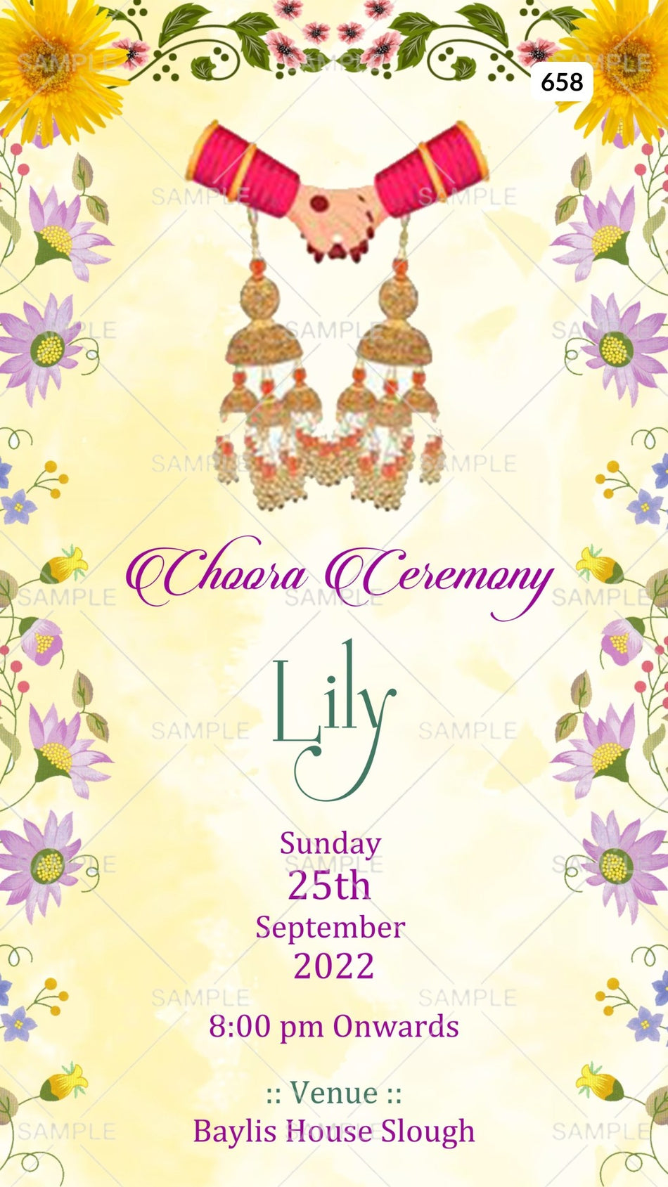Digital Choora Ceremony Invitation Of Punjabi Family In English Language With Floral Theme Canva Editable Template Design No. 658