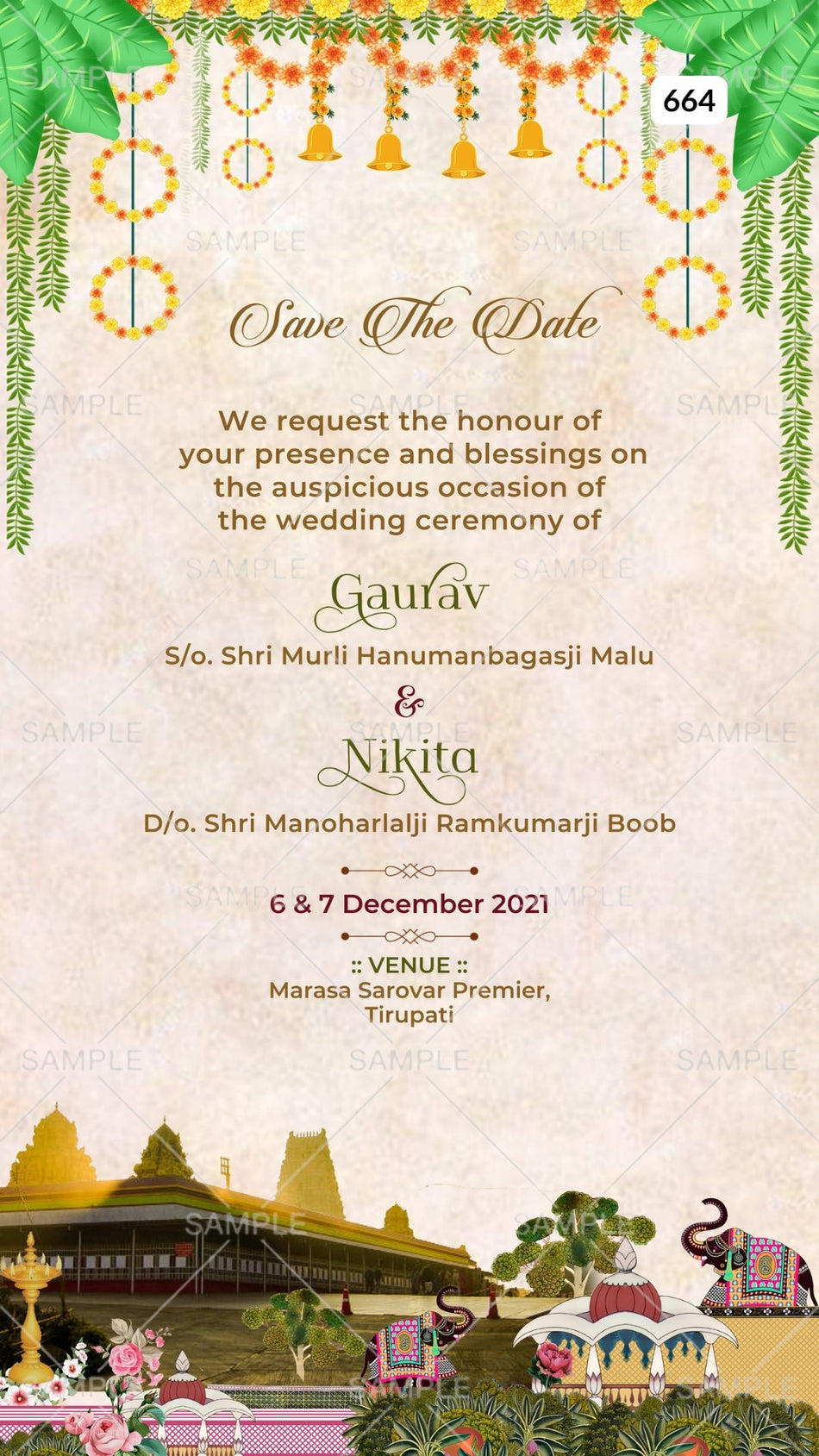 Save the Date card Canva Editable Template in english language with elephants, garland as traditional theme design 664