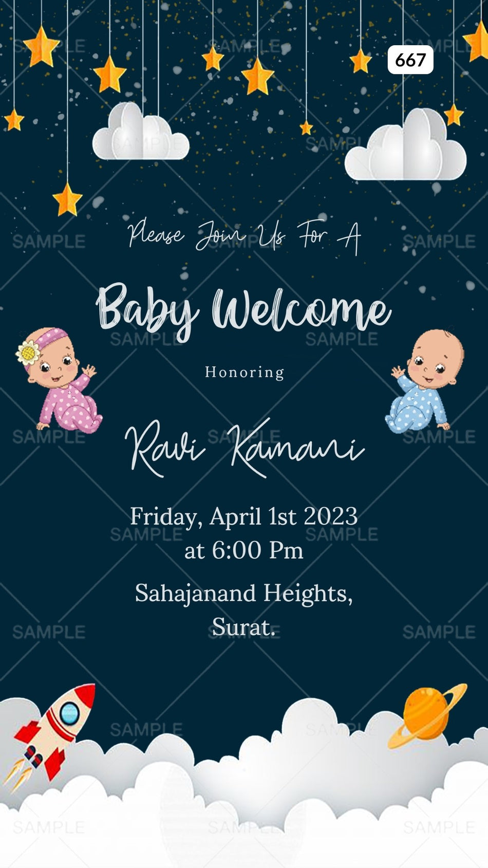 Baby welcome party invitation card Canva Editable Template in english language with space theme design 667