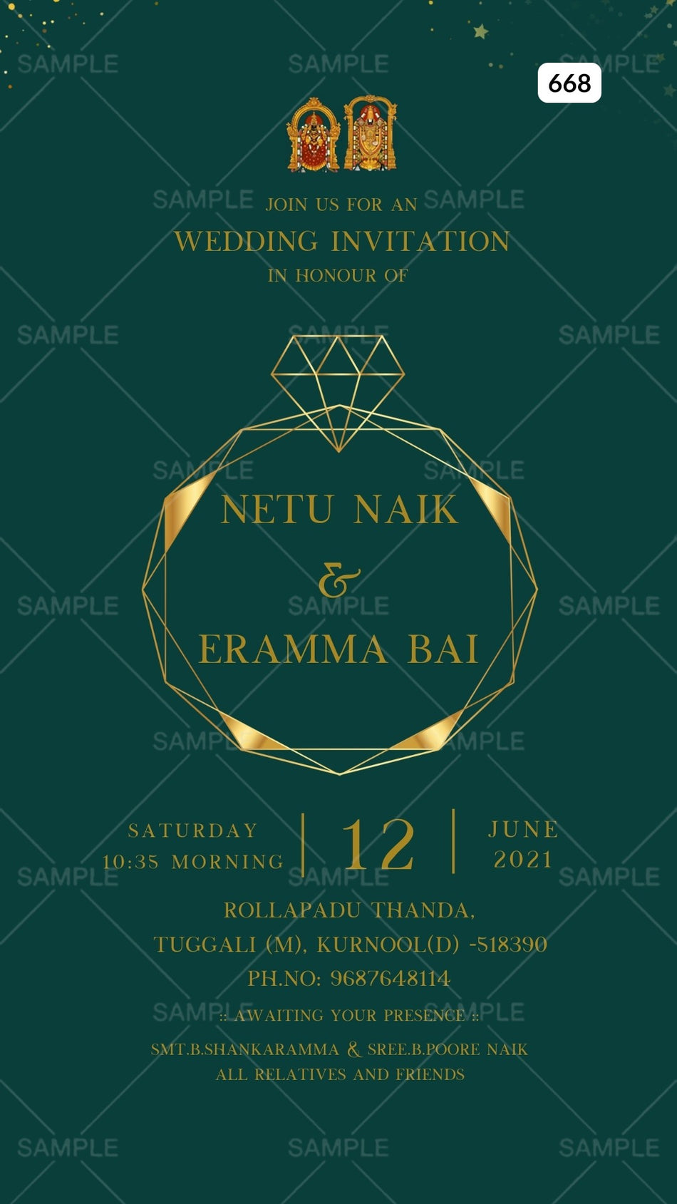 Wedding ceremony invitation card Canva Editable Template of hindu south indian telugu family in english language with Minimalistic theme design 668