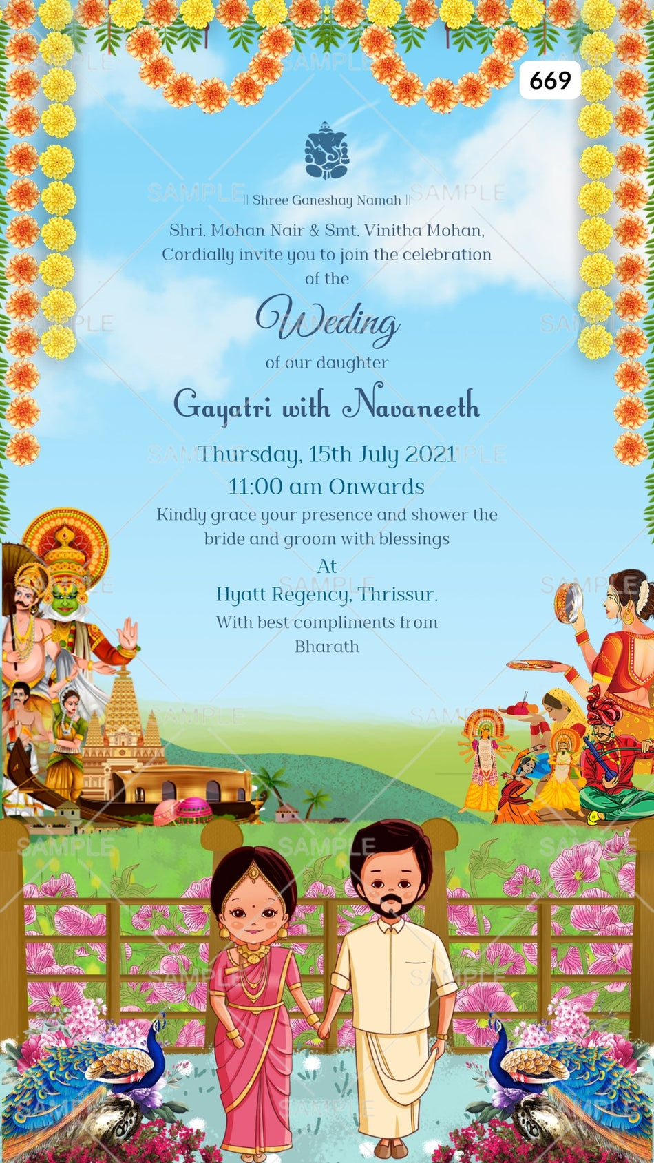 Stylish couple doodle invitation card Canva Editable Template for the wedding ceremony of Hindu south indian Malayali family in english language with Two state theme design 669