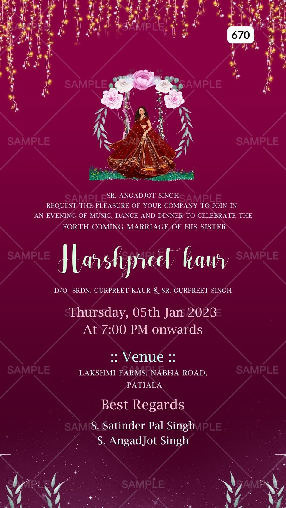 Half Saree ceremony invitation card Canva Editable Template in english language with glittery theme design 670