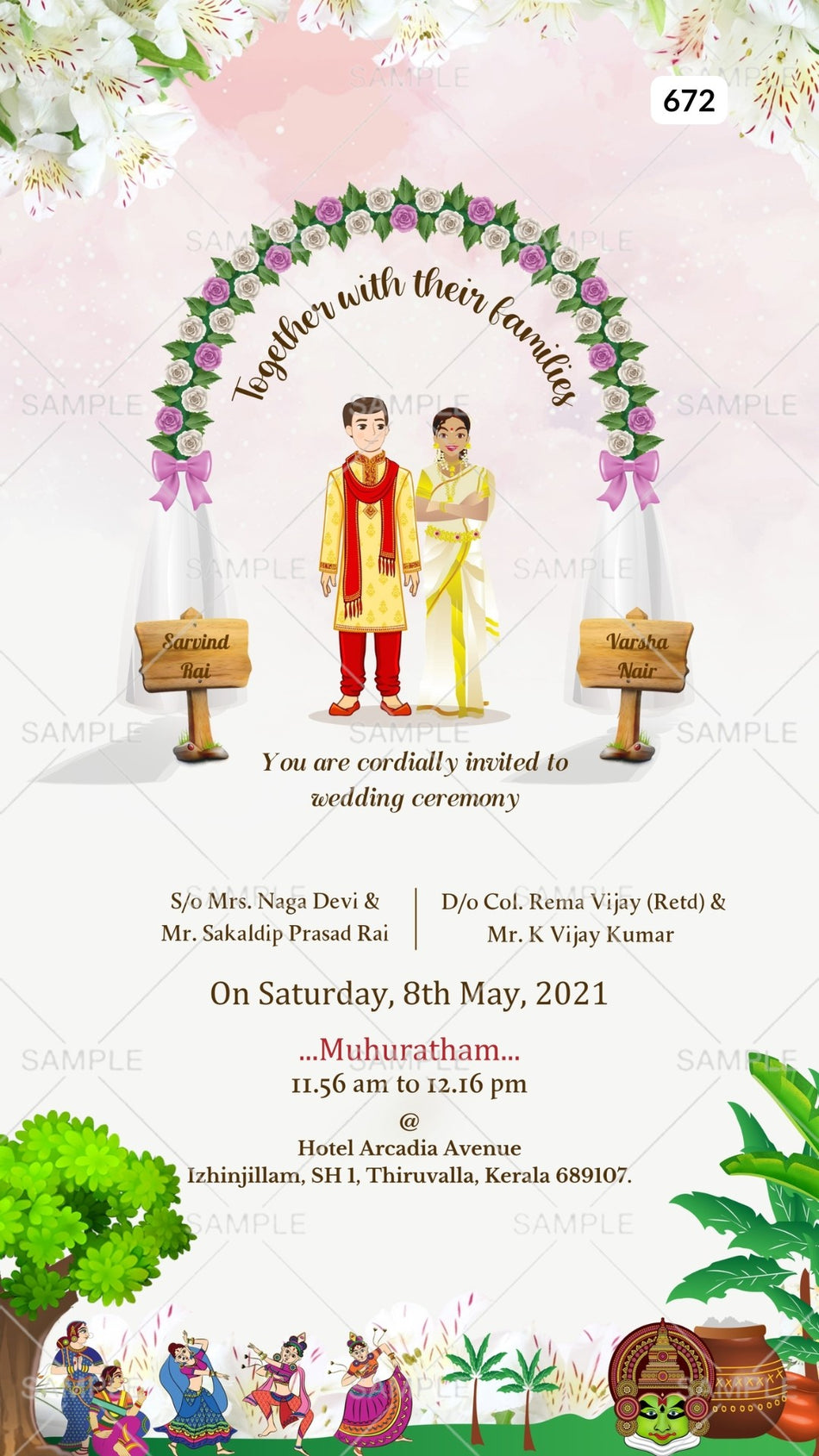 Wedding ceremony invitation card Canva Editable Template of hindu south indian malayali family in english language with  Floral theme design 672