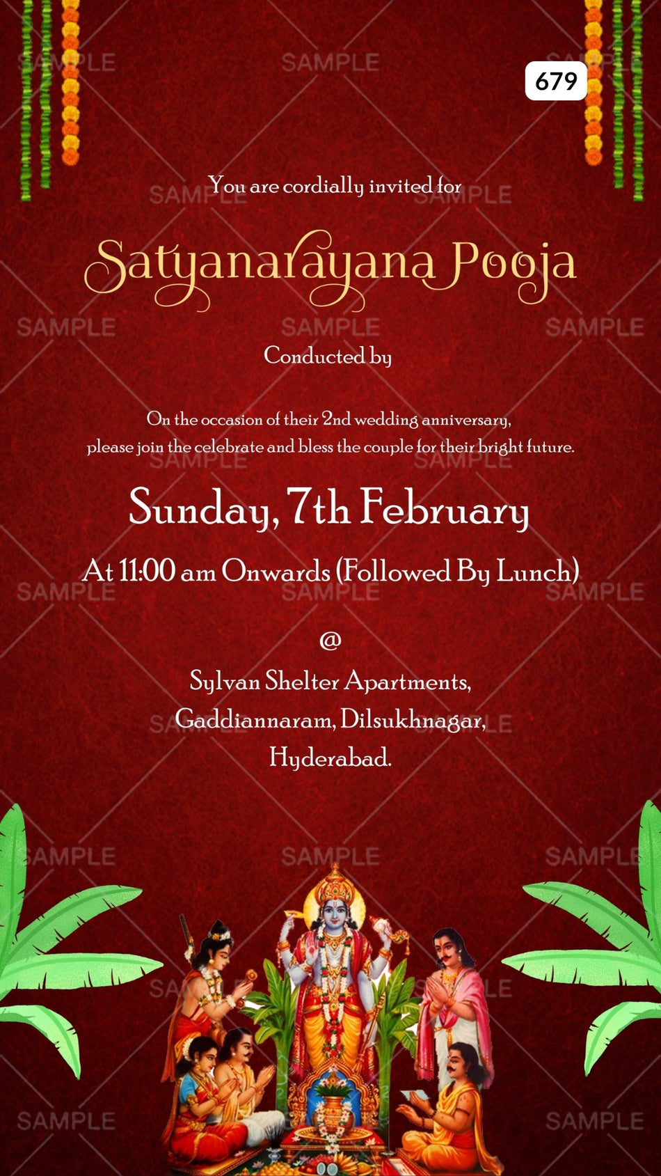 Satyanarayan Pooja Ceremony invitation card Canva Editable Template in english language with banana leaves, god vishnu image as traditional theme design 679
