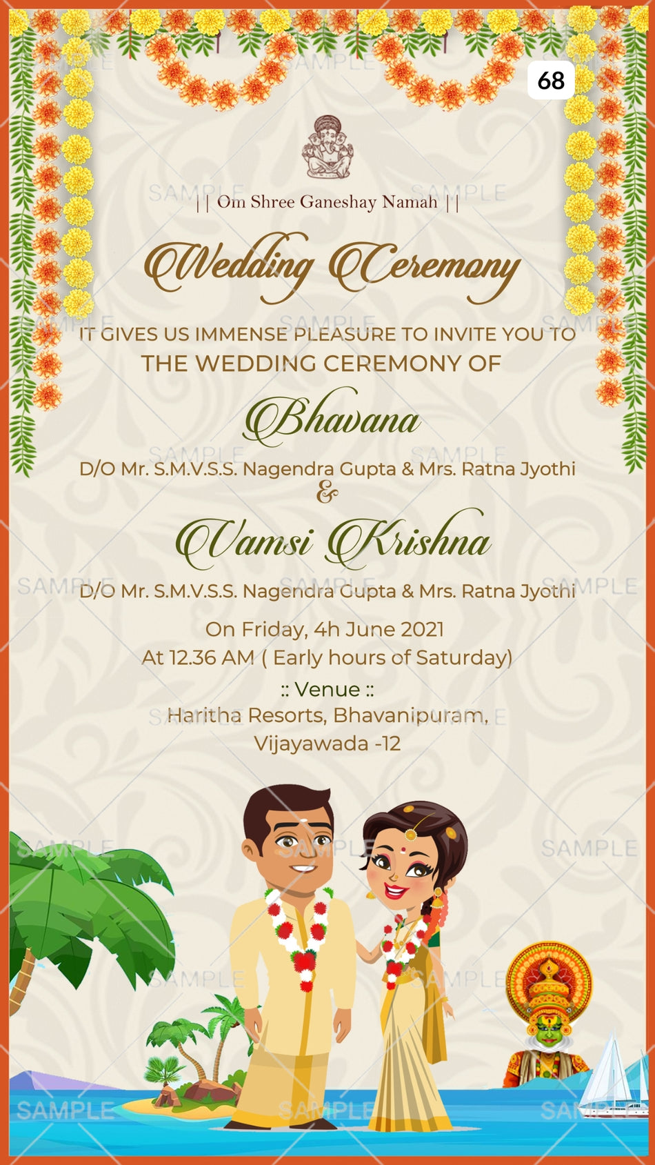 Wedding ceremony invitation card Canva Editable Template of hindu south indian telugu family in english language with beach theme design 68