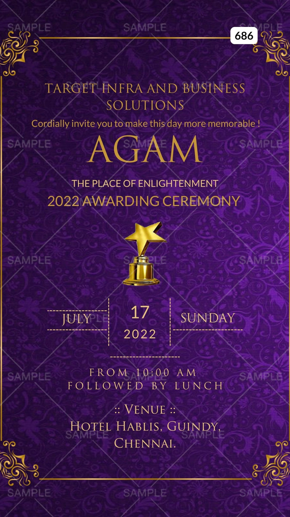 Award ceremony invitation card Canva Editable Template in english language with award as minimalistic theme design 686