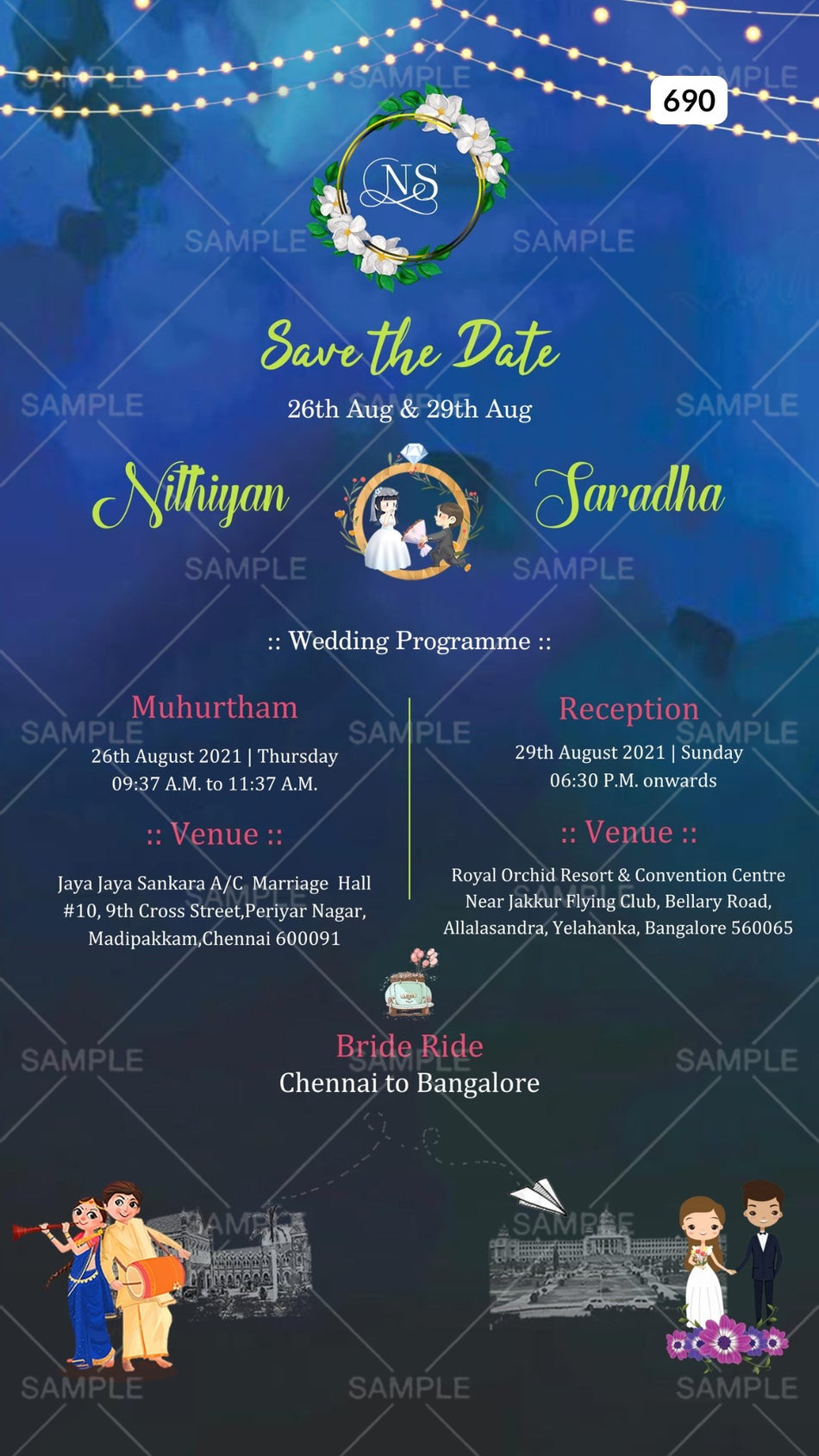 Wedding ceremony invitation card Canva Editable Template of hindu south indian kannada family in english language with Shining theme design 690
