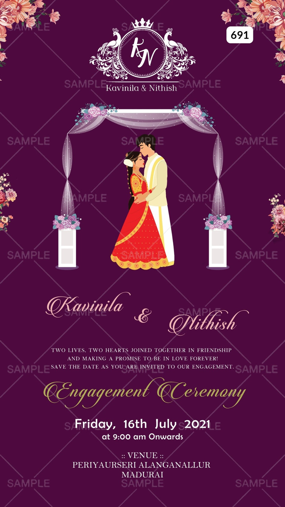 Engagement ceremony invitation card in english language with flowers, mandap, couple doodle as minimalistic theme Canva Editable Template design 691