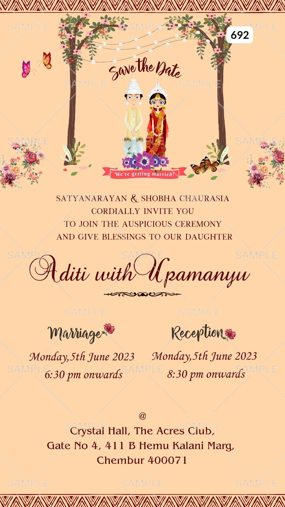 Wedding ceremony invitation card Canva Editable Template of hindu maharashtrian marathi family in english language with  vintage theme design 692