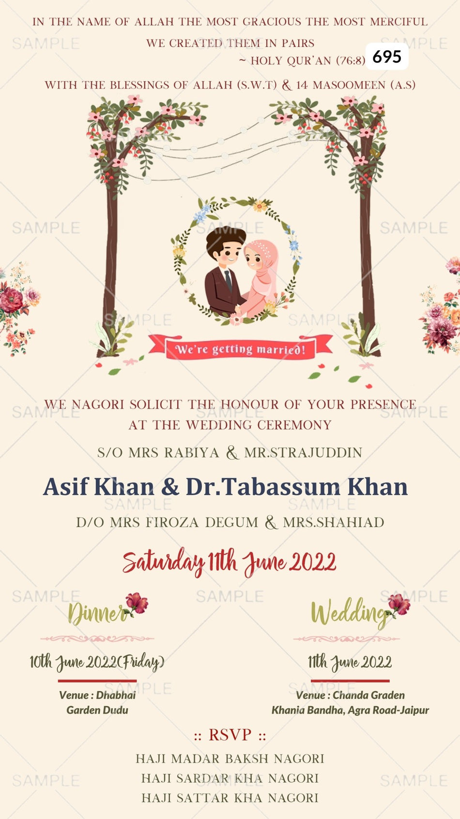 Digital Wedding Ceremony Invitation Of North Indian Family In English Language With Pastel Theme Canva Editable Template  design no - 695