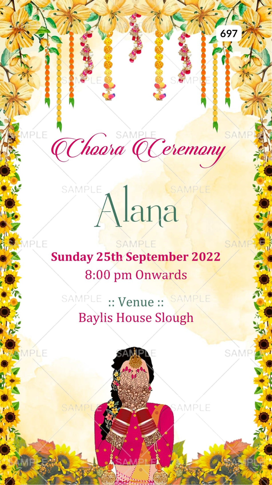Digital Choora Ceremony Invitation Of Illinois Famliy In English Language With Floral Theme Canva Editable Template  design no - 697