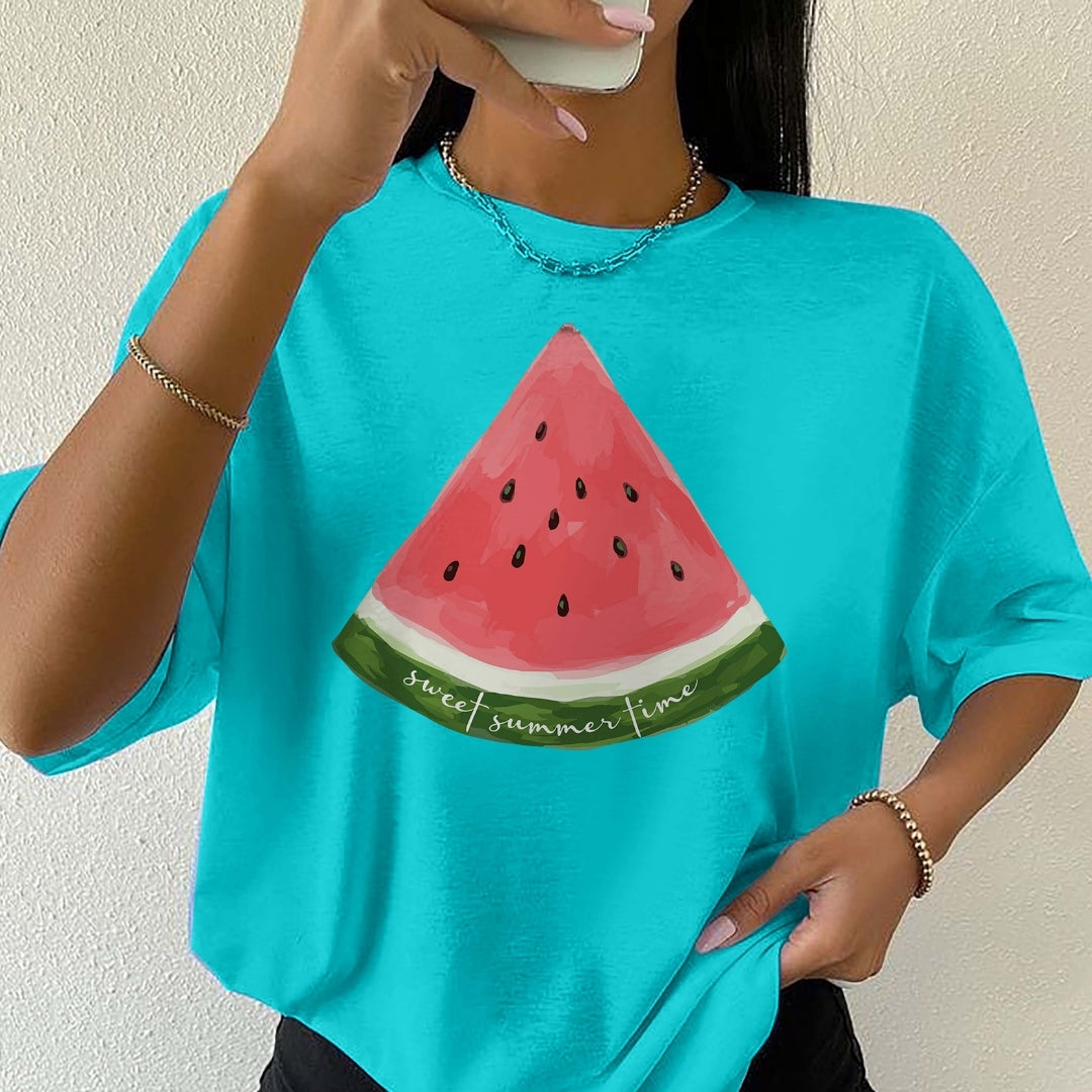 Person wearing a turquoise t-shirt with a watermelon slice design and 'sweet summer time' text.