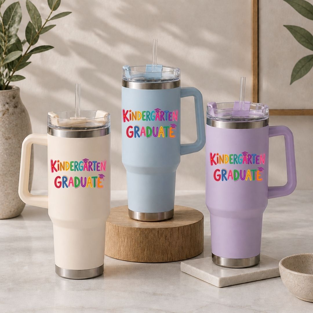 Kindergarten Graduate Travel Tumbler with Handle, Colorful Pre-K 40oz Straw Cup, Insulated Travel Mug for School Grads, Stainless Steel Drinkware