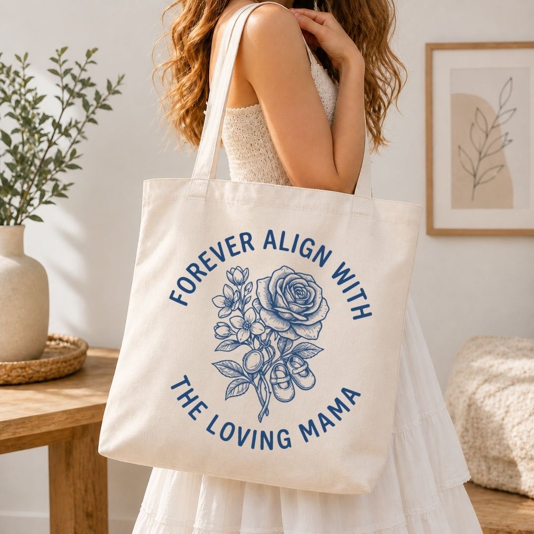 Woman in a white tiered dress carrying a cream-colored canvas tote bag printed with a large blue retro rose bouquet graphic over her shoulder.