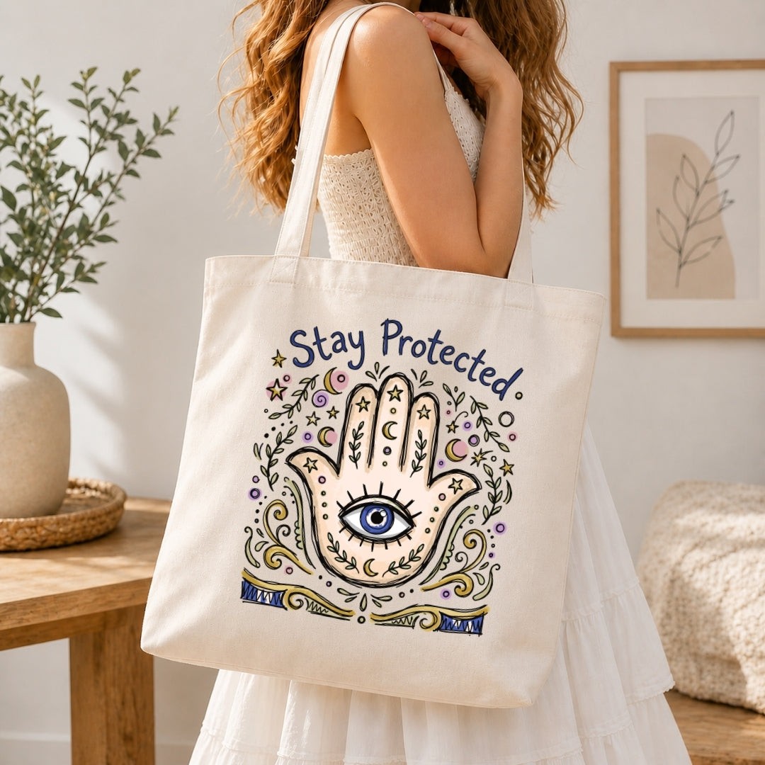 Person in a white dress carrying a canvas tote bag printed with the colorful Hamsa hand and evil eye design.