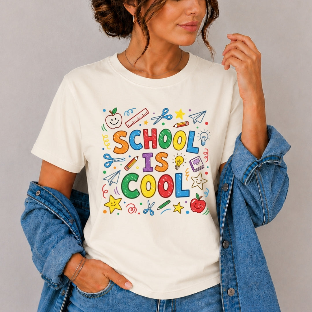 Person wearing a white t-shirt with 'School is Cool' design on a gray background