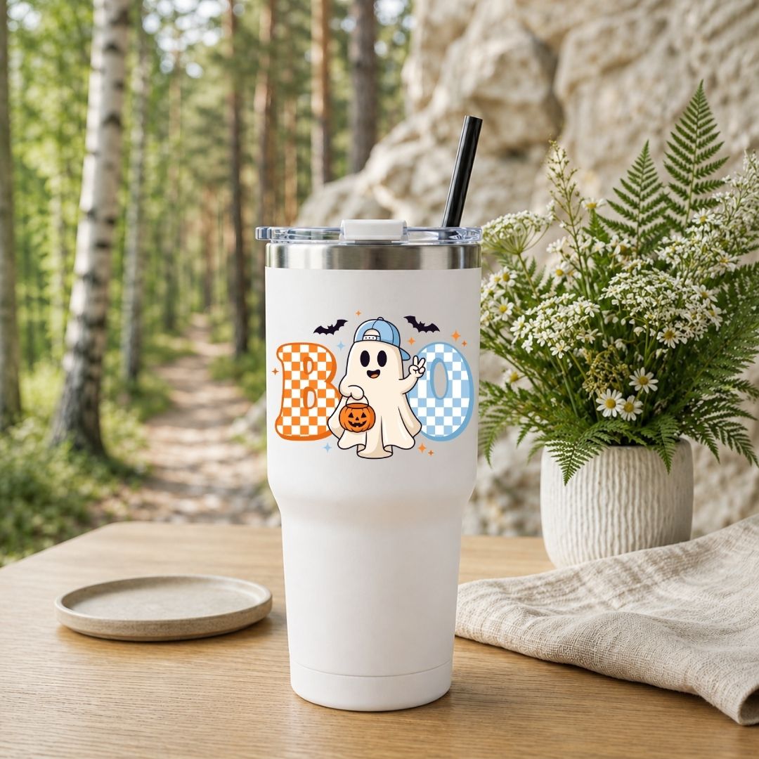 White travel tumbler with a black straw featuring a cute Halloween ghost graphic, set outdoors on a wooden table with a forest background.