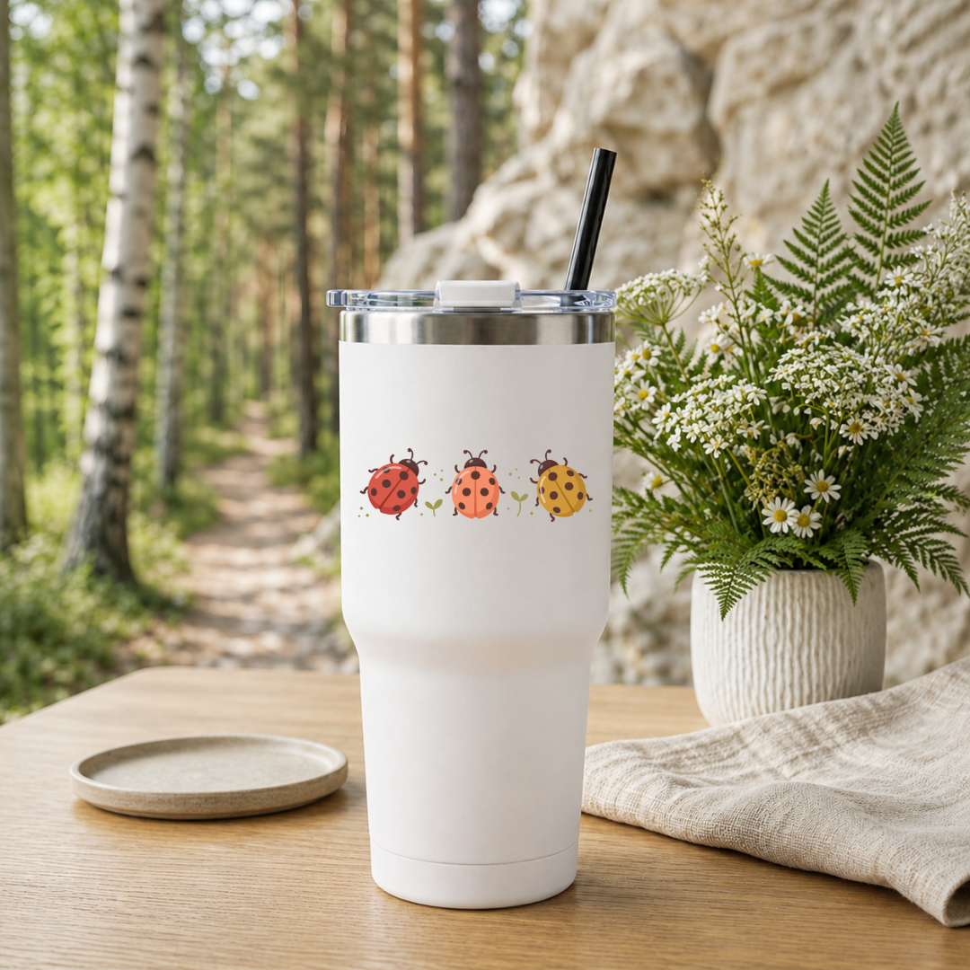 A white insulated travel tumbler with a clear lid and black straw sits on a wooden table outdoors. The tumbler is printed with three ladybugs in red, orange, and yellow.