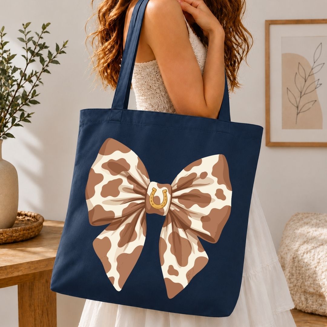 Aesthetic Navy Blue Canvas Tote Bag with Western Bow Print
