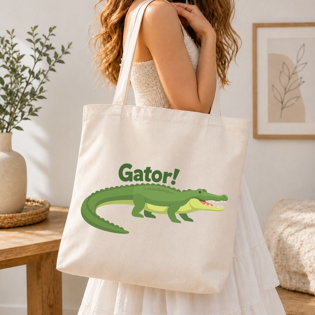 A woman carrying a cream-colored canvas tote bag over her shoulder, decorated with a large green cartoon alligator illustration and "Gator!" text.