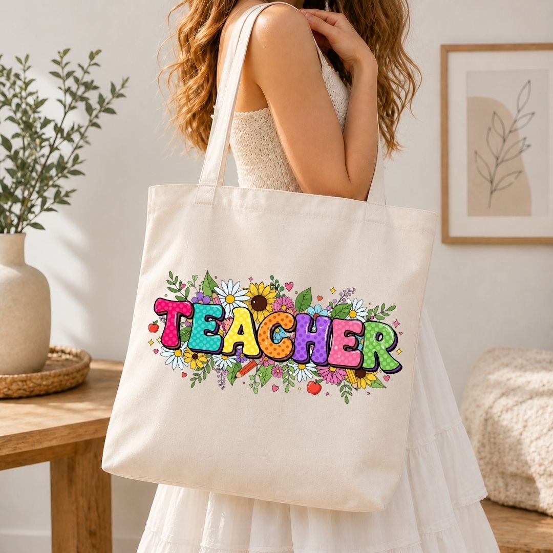 Teacher Tote Bag Graphic File, Floral Alphabet Typography SVG, Cute Back to School Clipart PNG