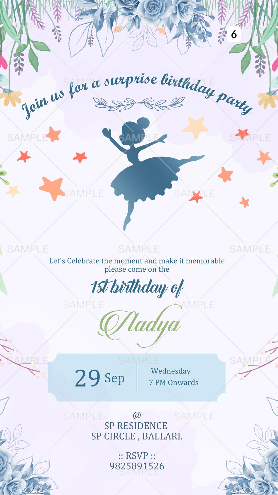 Birthday party invitation card Canva Editable Template for girl in English language with leaves, flowers as fairy theme design 6