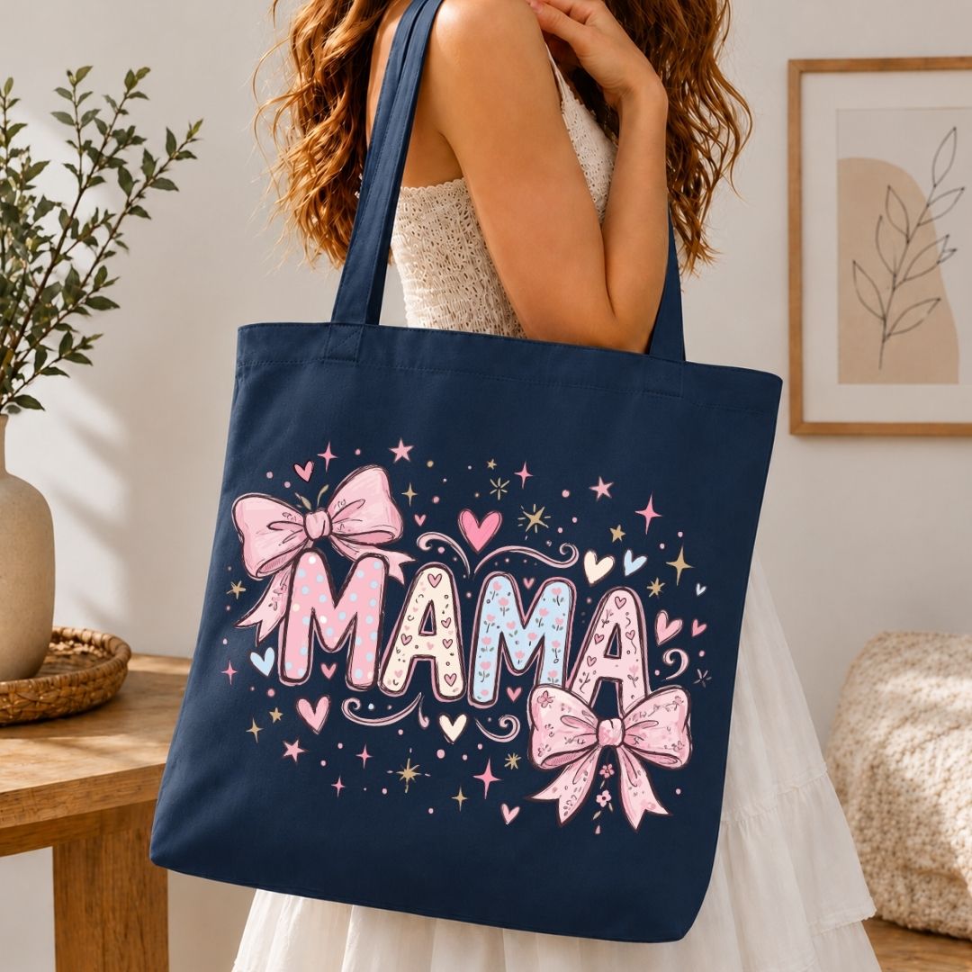 Aesthetic Navy Blue Canvas Tote Bag with Mama Print
