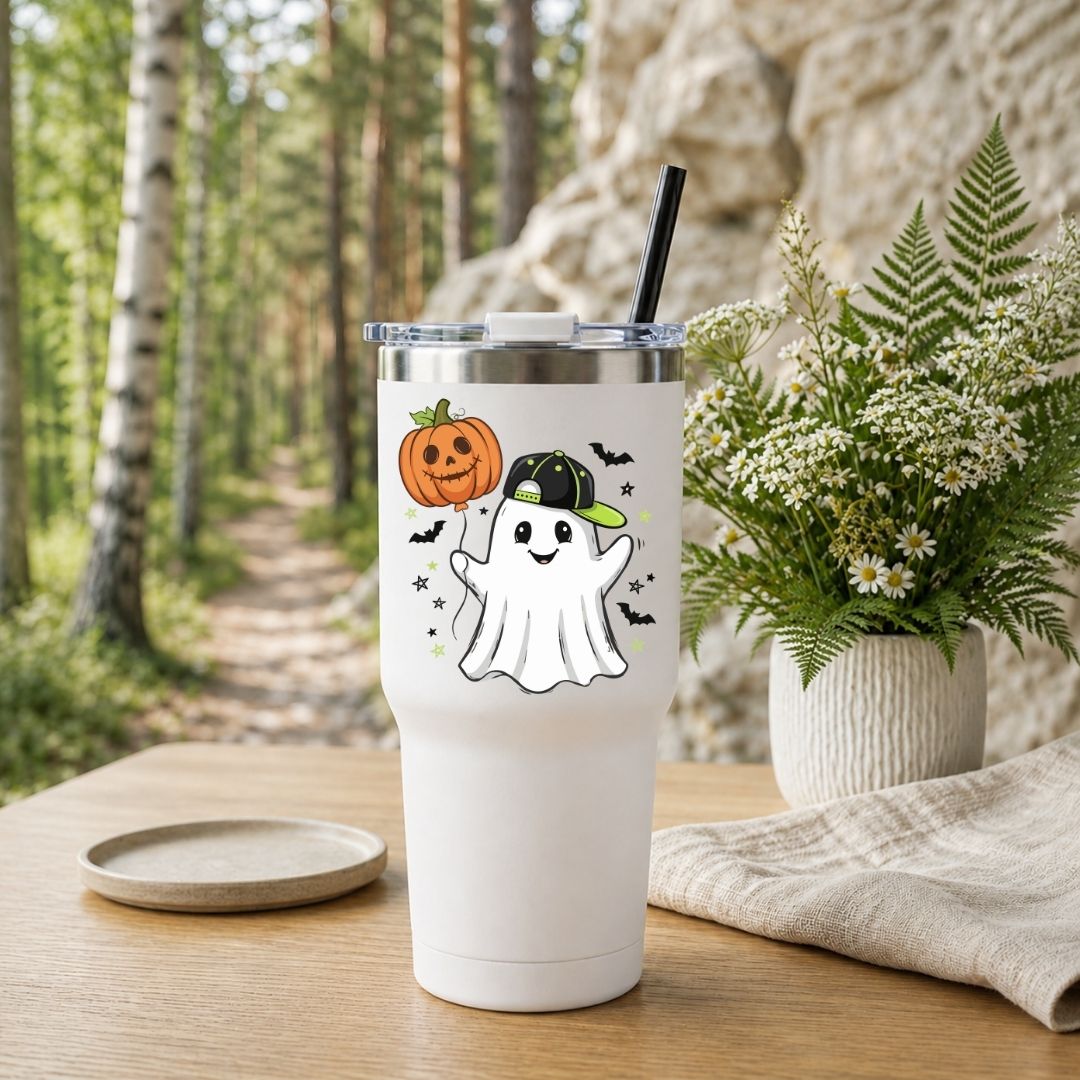 A white insulated tumbler with a Halloween graphic of a ghost and pumpkin, shown on a wooden table with a blurred forest and rock background, next to a potted fern and a small dish.