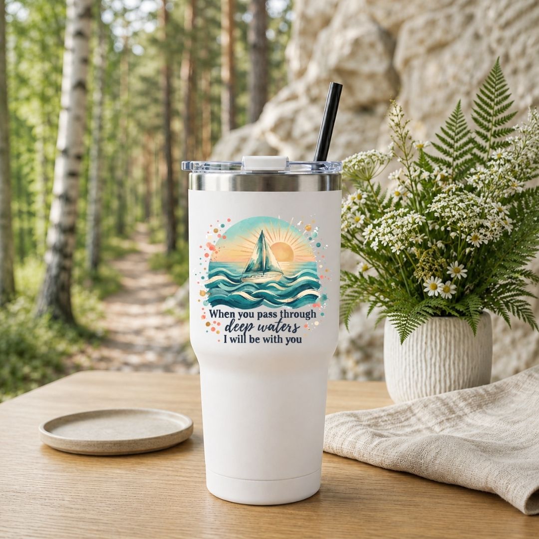 A white insulated tumbler with a clear lid and black straw sits on a wooden table in a softly blurred outdoor setting with trees, a stone wall, a small plate, and a potted plant. The tumbler has a printed ocean-wave sunset design with the text, 'When you pass through deep waters, I will be with you.