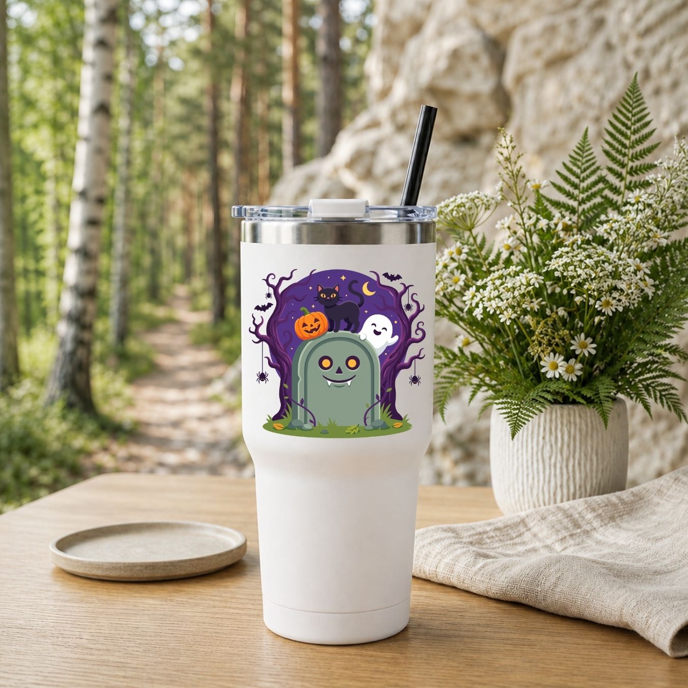 A white insulated tumbler with a clear lid and black straw sits on a wooden table in a forest setting. The tumbler has a Halloween-themed graphic showing a green tombstone monster, a white ghost, a jack-o'-lantern, and a purple spooky tree.